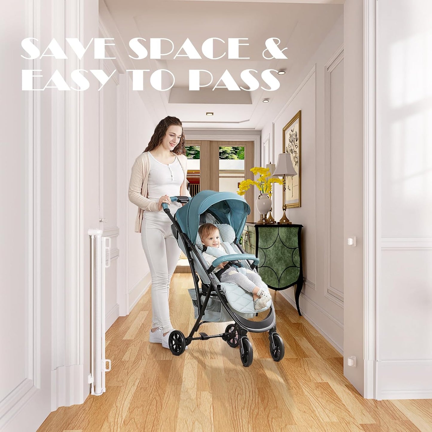 Babepai Retractable Baby Gates Extra Wide | 55" Wide x 34" Tall Dog Gates for Stairs | Indoor/Outdoor Use | Child Gates for Doorways, Deck, Porch, Hallways, Patio - Gray