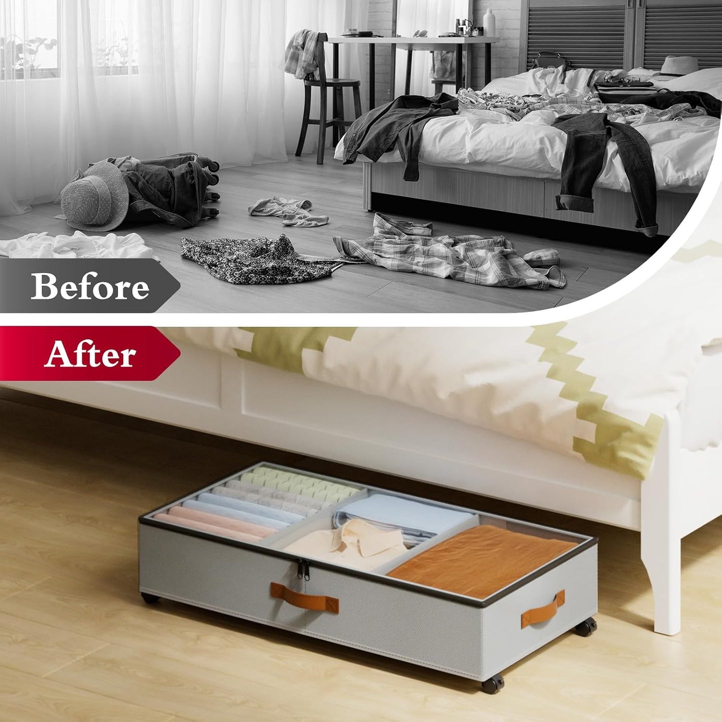 Yecaye Under Bed Storage with Wheels, 2 Pack Under Bed Storage Containers with Adjustable Dividers & Clear Lid, Rolling Underbed Organizer Bins Drawer for Clothes, Shoes, Blankets(30.3 x 16 x 6.7in)