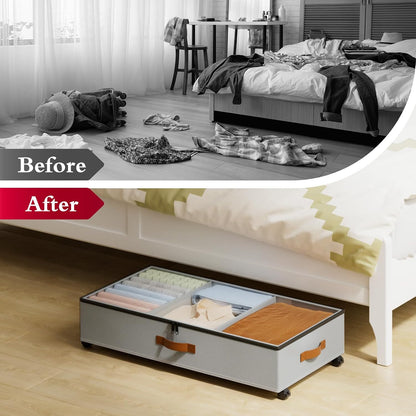 Yecaye Under Bed Storage with Wheels, 2 Pack Under Bed Storage Containers with Adjustable Dividers & Clear Lid, Rolling Underbed Organizer Bins Drawer for Clothes, Shoes, Blankets(30.3 x 16 x 6.7in)