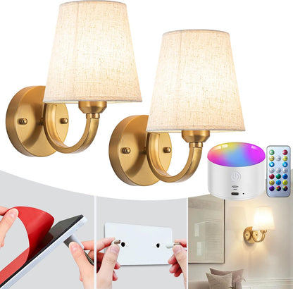 Wall Sconce Battery Operated Wall Light Fixure with Remote Control, Dimmable Battery Operated Wall Sconces Set Of Two, Indoor Wireless Wall Mounted Lamp with Rechargable Bulb For Bedroom Living Room (