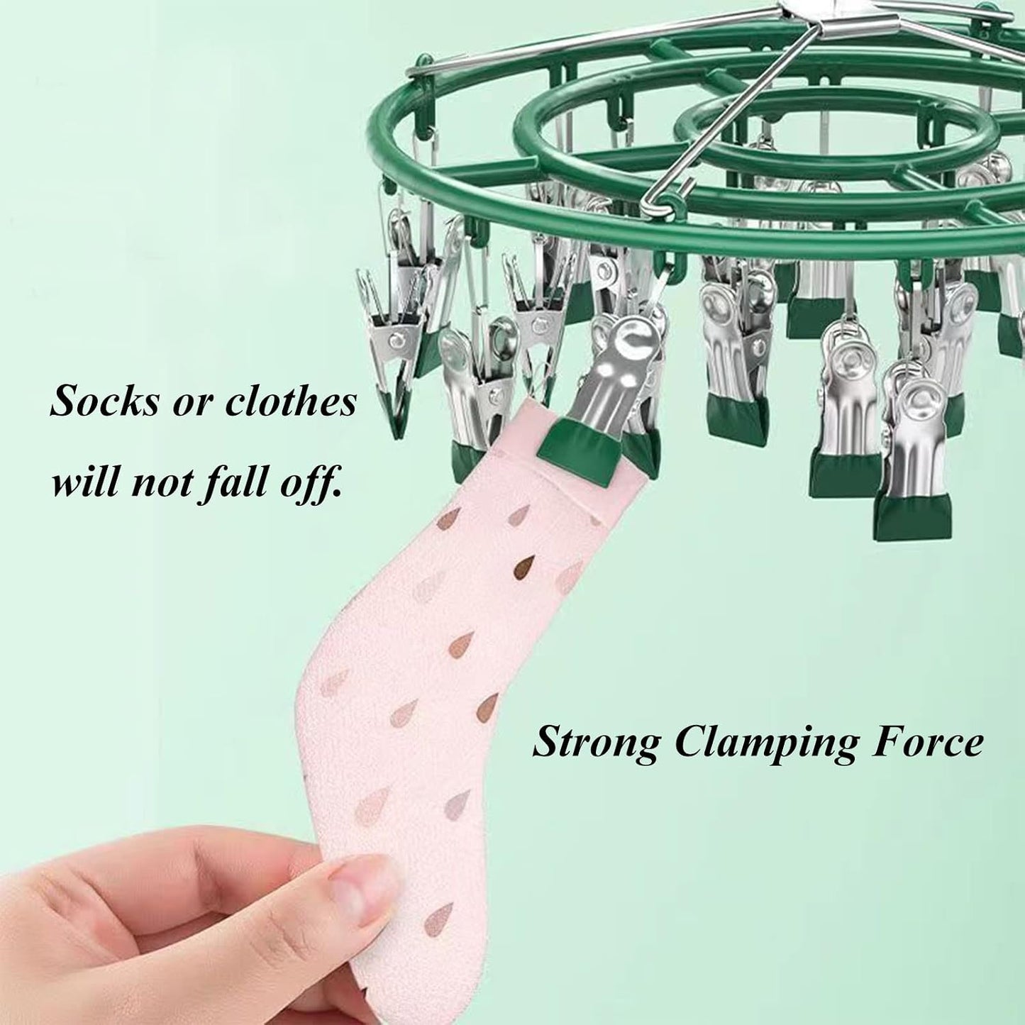Stainless Steel Clothes Sock Drying Rack with 24 Clips, Swivel Hook Windproof Clothes Hanger Rack for Sock, Bras, Towel, Underwear, Laundry Clothes, Hat, Scarf, Pants, Gloves (Pink Clips)