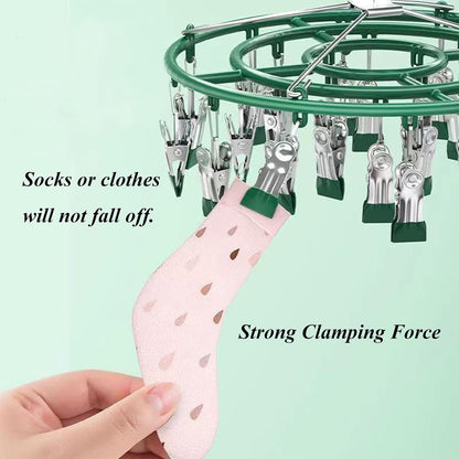 Stainless Steel Clothes Sock Drying Rack with 24 Clips, Swivel Hook Windproof Clothes Hanger Rack for Sock, Bras, Towel, Underwear, Laundry Clothes, Hat, Scarf, Pants, Gloves (Pink Clips)