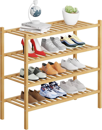 4 Tier Bamboo Shoe Rack Storage Organizer for Closet, Multifunctional Stackable Free Standing Shoe Shelf Organizer for Small Space,Entryway, Hallway, Bathroom27 x11 x26(White, 4 Tier)