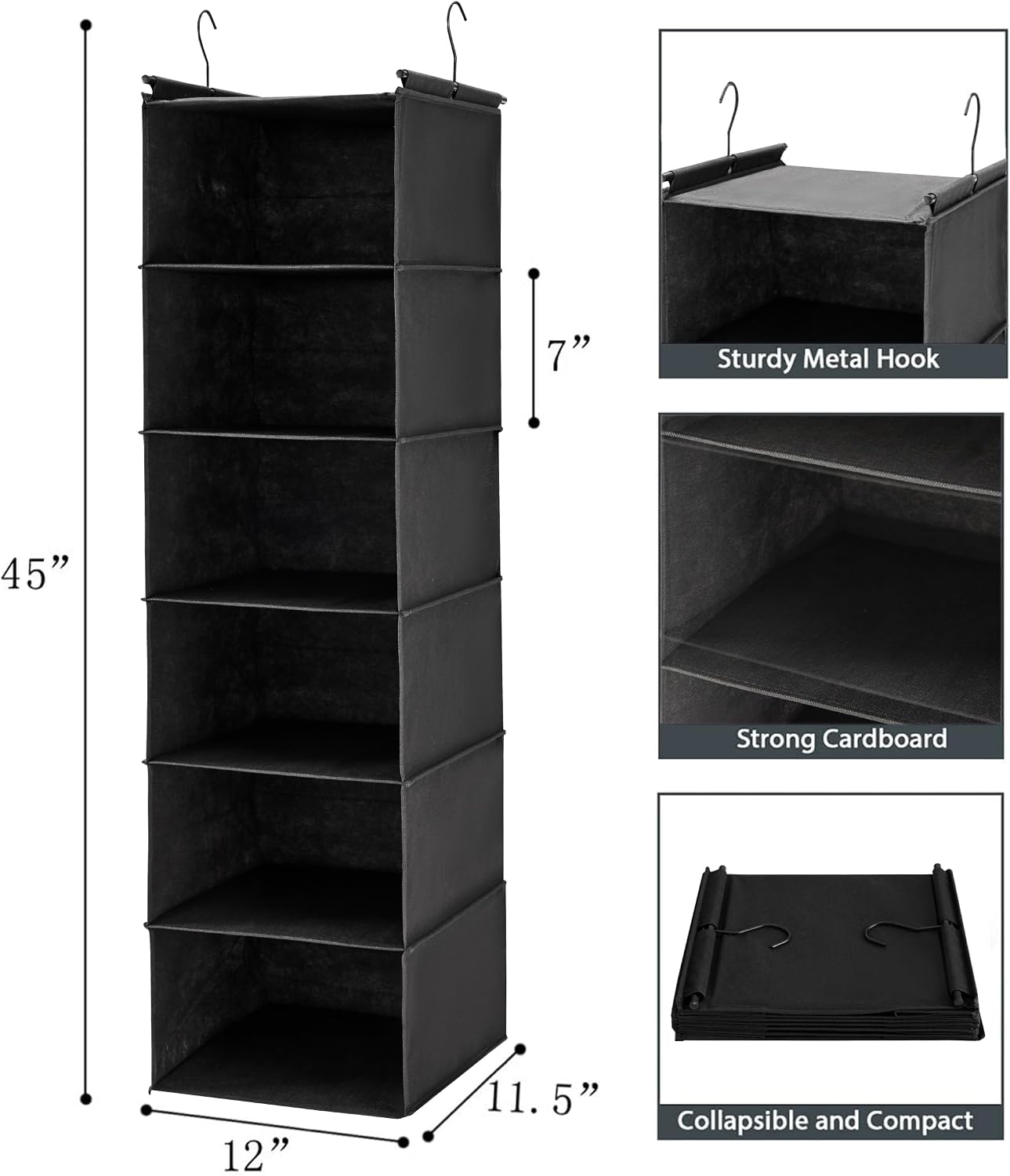 MAX Houser 6 Tier Shelf Hanging Closet Organizer, Closet Hanging Shelf with 2 Sturdy Hooks for Storage, Foldable (Grey)