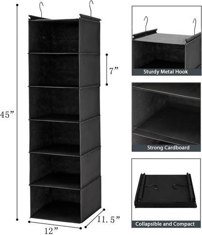 MAX Houser 6 Tier Shelf Hanging Closet Organizer, Closet Hanging Shelf with 2 Sturdy Hooks for Storage, Foldable (Grey)