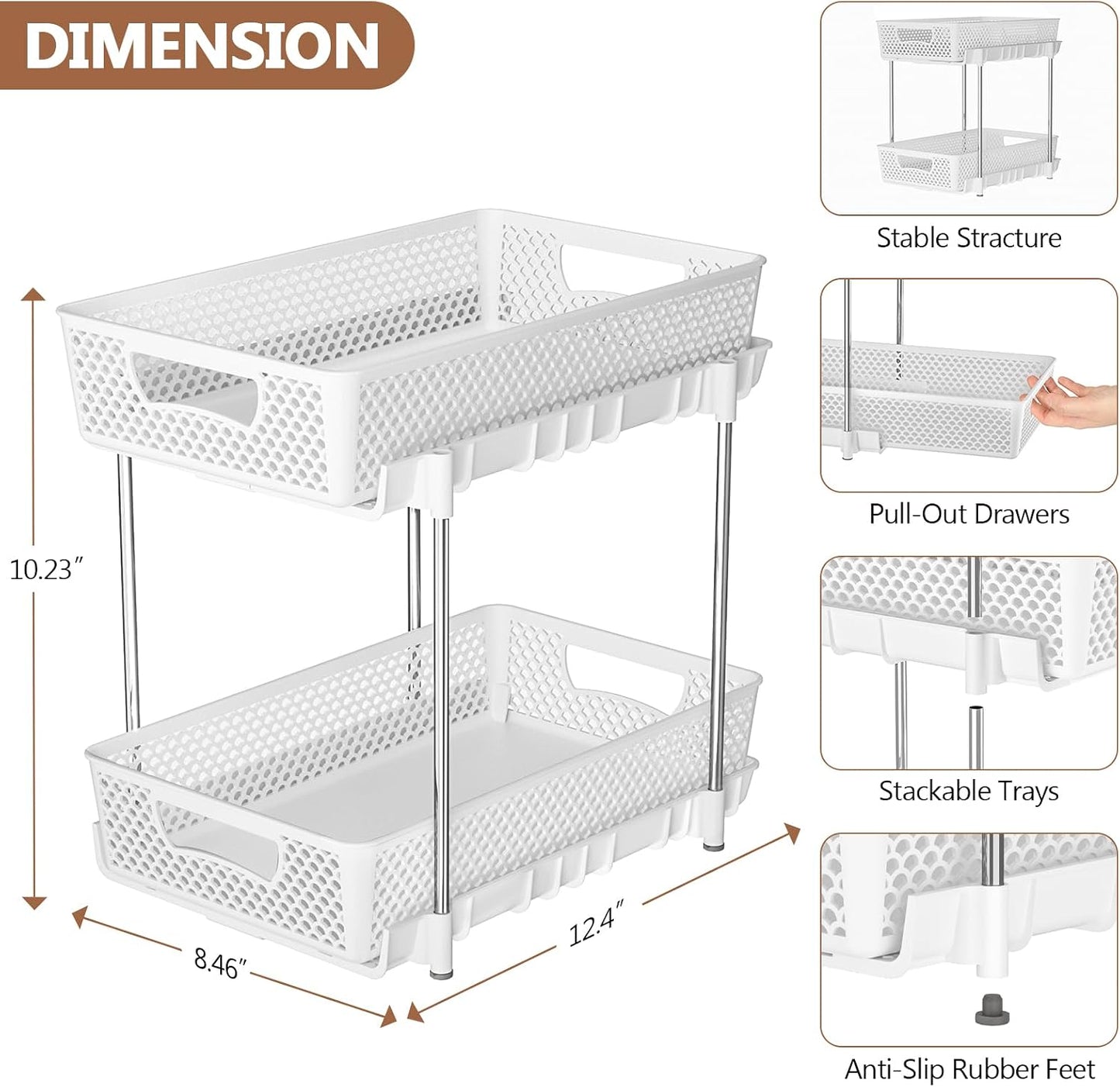 DABIGE 2 Pack Pull Out Bathroom Organizers and Storage, 2 Tier Stackable Under Sink Storage Organizer for Bathroom, Kitchen Cabinet, Pantry, and Medicine Holder, Organization and Storage - White