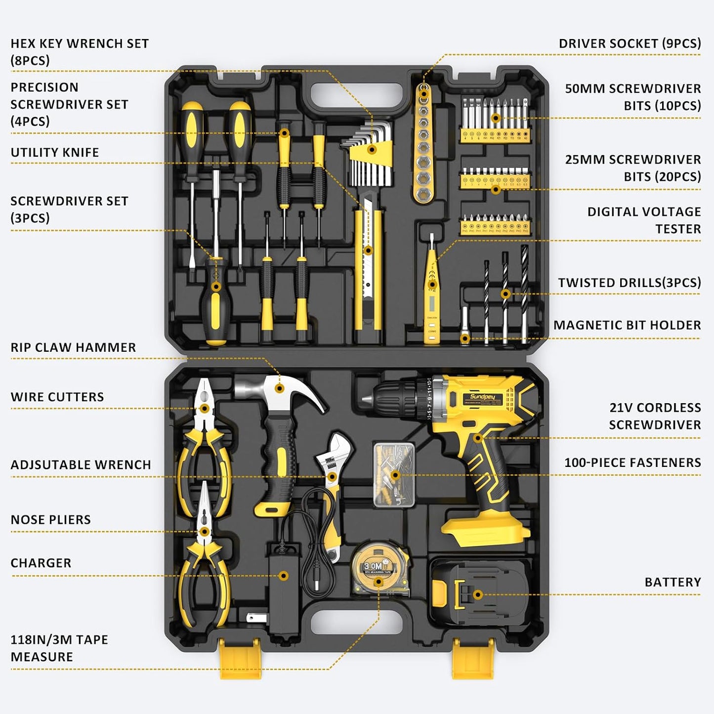 Sundpey Tool Kit with 21V Drill - 170-PCs Portable General Basic Home Repair Tool Set with Power Drill & 2.0Ah Battery & Charger & Tool Box for Homeowner Drilling DIY Projects House Repairs & Handyman