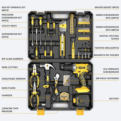 Sundpey Tool Kit with 21V Drill - 170-PCs Portable General Basic Home Repair Tool Set with Power Drill & 2.0Ah Battery & Charger & Tool Box for Homeowner Drilling DIY Projects House Repairs & Handyman