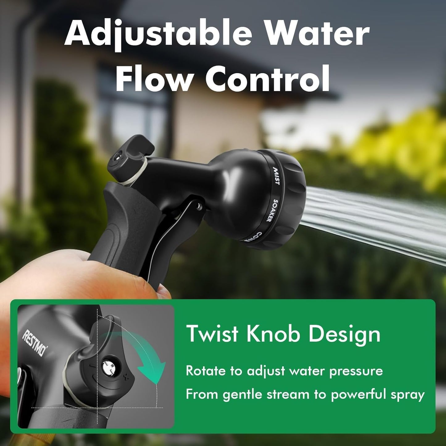RESTMO Garden Hose Nozzle, Heavy Duty Metal Water Hose Nozzle with 7 Adjustable Spray Patterns, High Pressure Hand Sprayer with Flow Control for Watering Plants & Lawns, Washing Cars & Pets