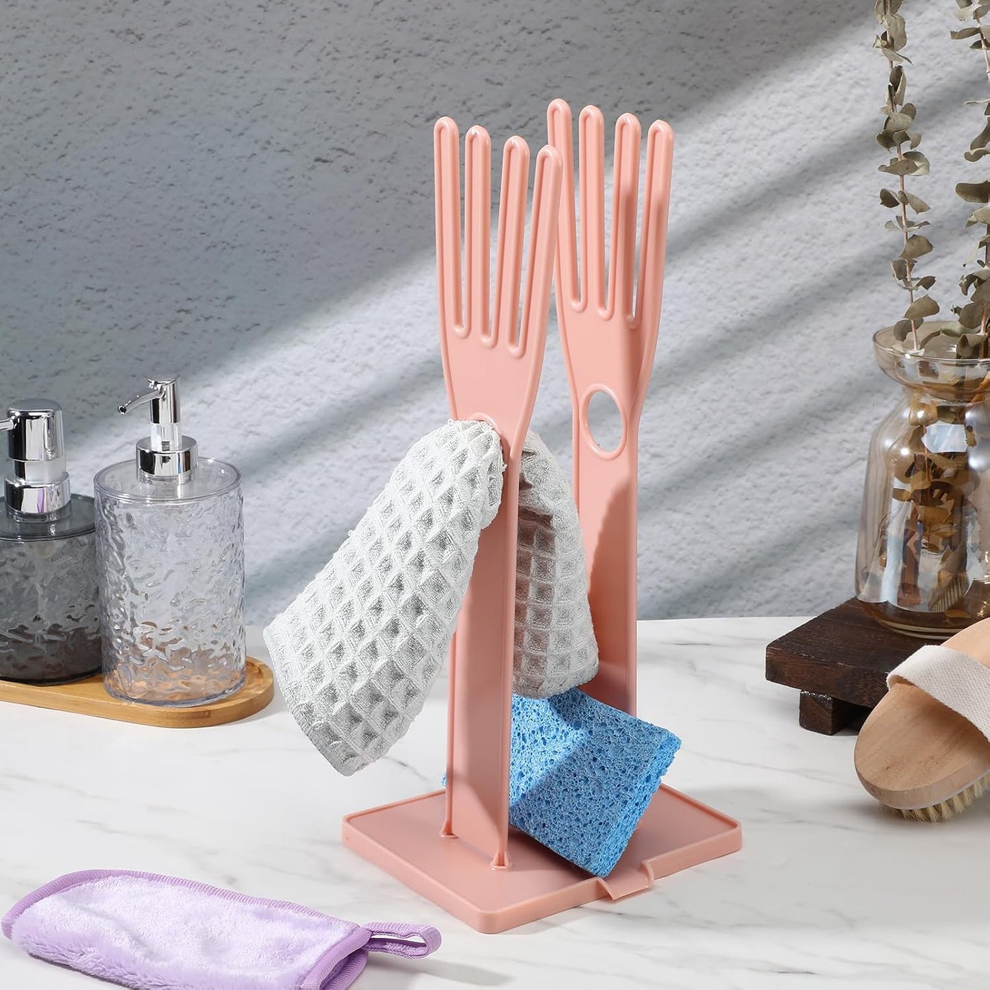 Kitchen Gloves Holder Mitten Dryer Reusable Rubber Glove Clothes Drying Rack Plastic Washing Sink Holder Stand Towel Hanger for Dish Gloves Rags Sponge Food Bag Organizer Blue