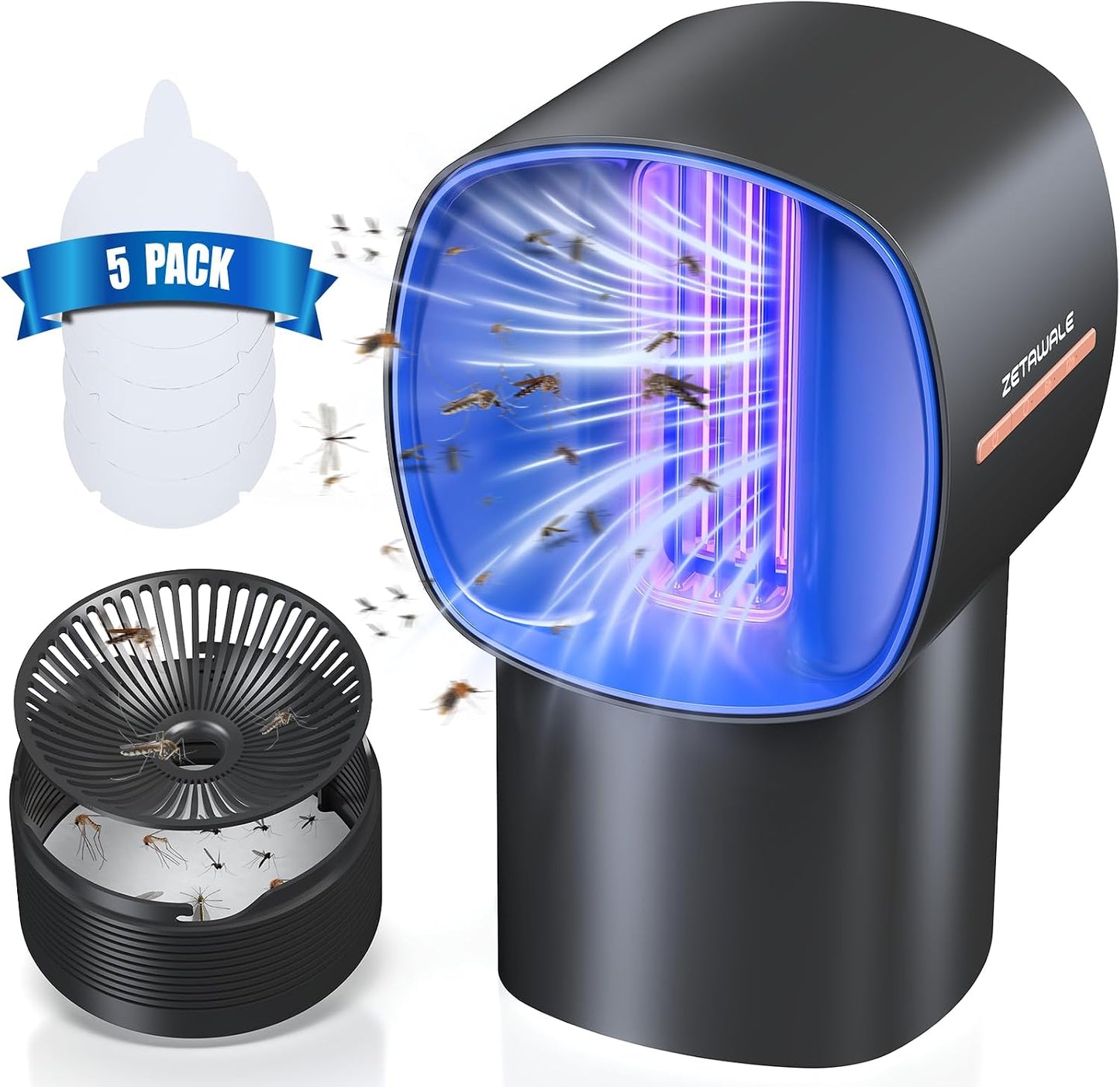 Fruit Fly Traps for Indoors, Gnat and Insects Catcher for House with UV Light, Heat Lure, Fan Suction, Ideal for Kitchen, Patio, Plant Pots, Bedroom, 5 Sticky Pads Included, USB-C Powered