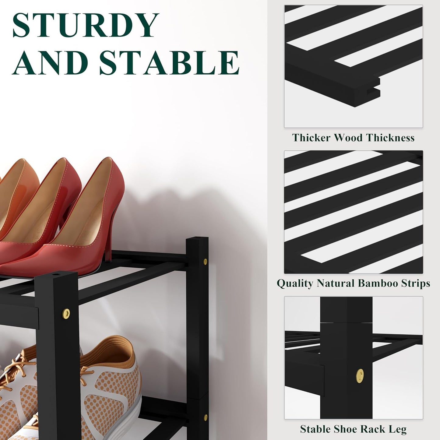 Smiry Bamboo Shoe Rack, 3 Tier Free Standing Wooden Shoe Organizer, Stackable Wood Shoe Storage Shelf for Closet, Entryway, 12 Vertical Slats, 2+1 Stack Standard Legs, 26.8"x11"x19.5", Natural
