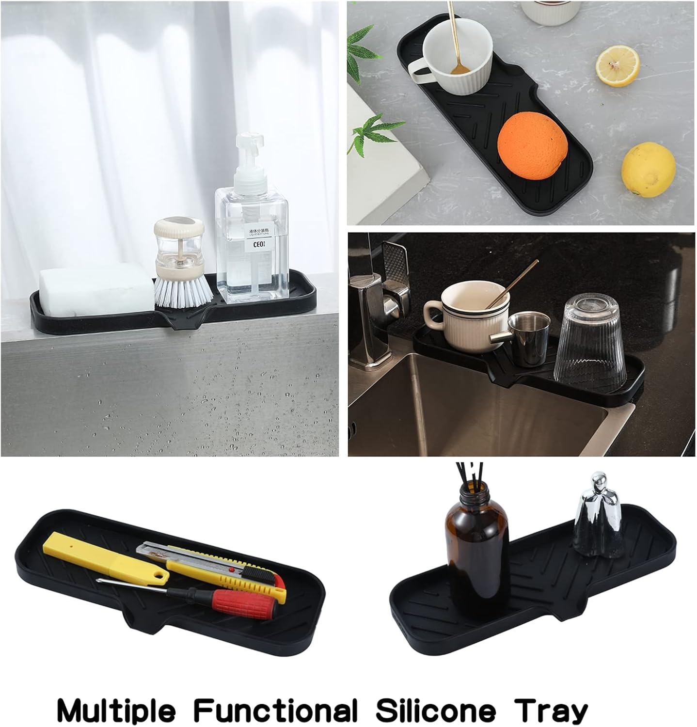 MicoYang Silicone Bathroom Soap Dishes with Drain Spout-Bathroom and Kitchen Sink Organizer,Sponge Holder,Dish Soap Tray,Perfect for Dispenser,Scrubber,Bottle,Cup on Sink or Counter-Coffee 4.9"×3.2"