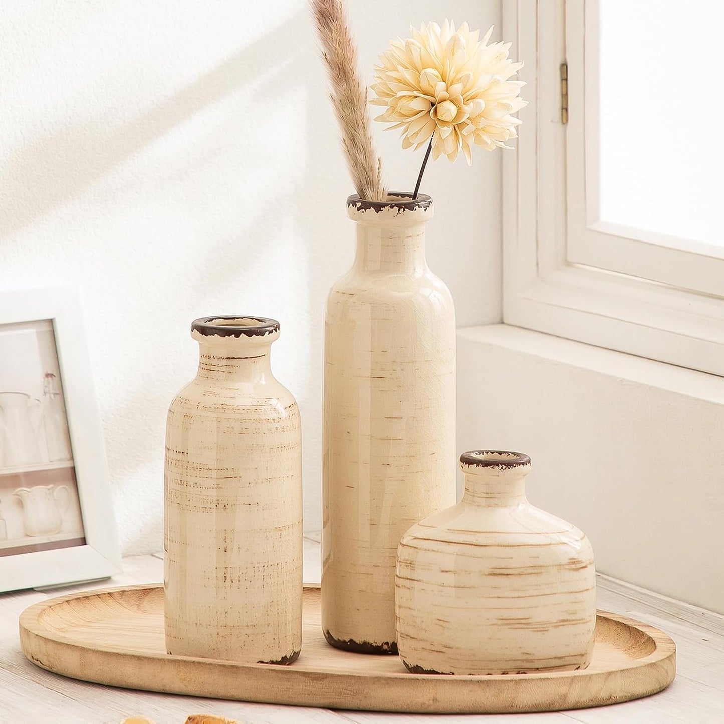 Bud Vase - Flower Vase Set - Decorative Vases - Ceramic Small Vase Set of 3 for Centerpieces - Ice Creak for Decor - Modern Decoration Vases for Home Farmhouse Table Office, Mini Vase by Lyeec