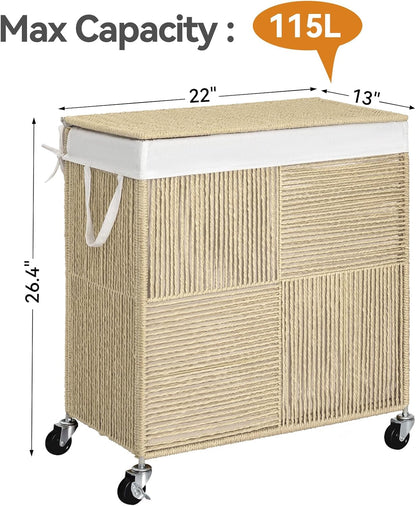 WOWLIVE Double Laundry Hamper with Lid, Handwoven Rolling Laundry Basket with Wheels, 115L Dirty Clothes Hamper with Removable Liner Bag Large Capacity Laundry Sorter Laundry Room Organization,Natural