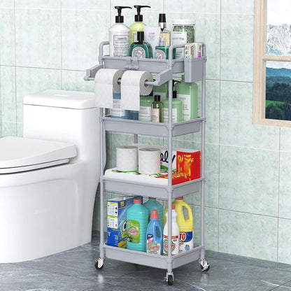 SPACEKEEPER Rolling Storage Cart, 4-Tier Bathroom Organizer Utility Cart Laundry Room Organization Mobile Shelving Unit with Towel Rack, Lockable Wheel, Hooks & Cup for Kitchen Bedroom Office, White