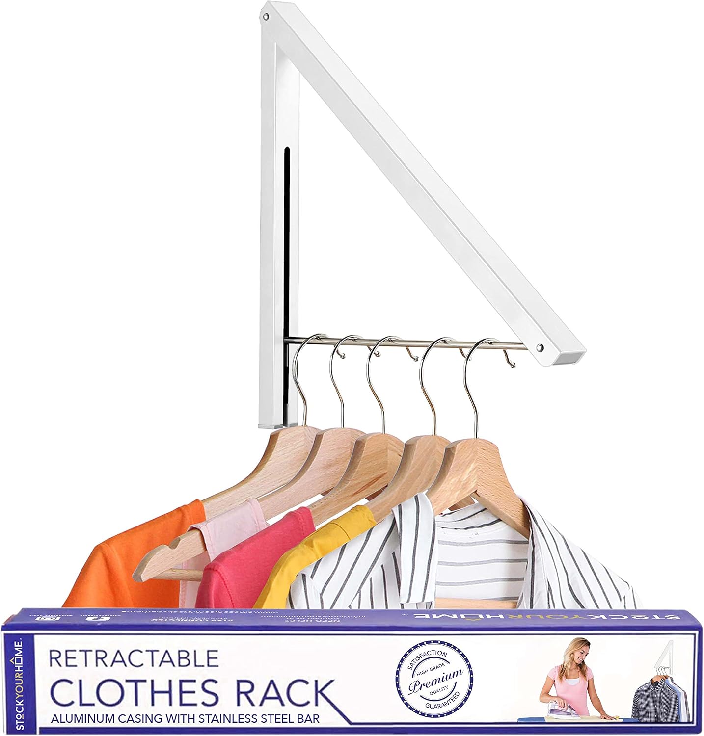 Single Foldable Clothing Rack, Wall-Mounted Retractable Clothes Hanger for Laundry Dryer Room, Hanging Drying Rod, Small Collapsible Folding Garment Racks, Dorm Accessories (Gold)