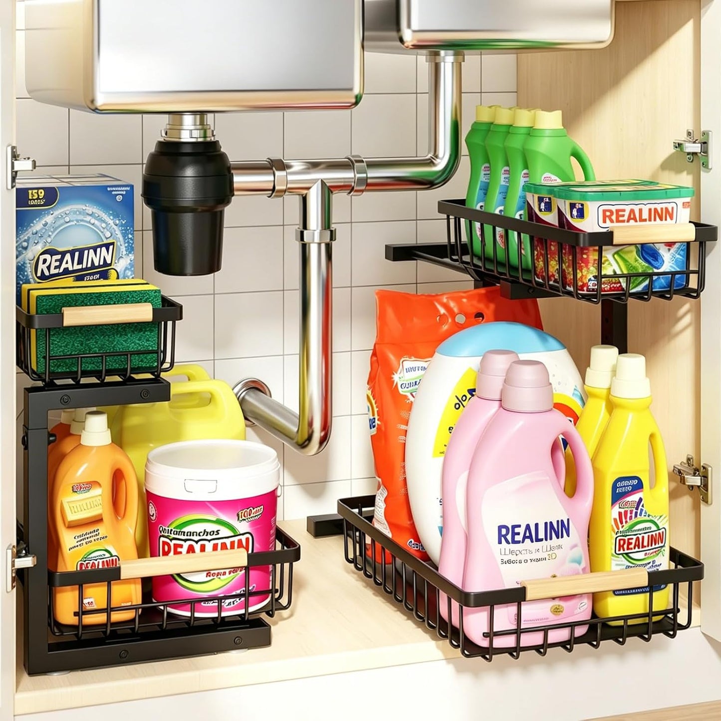 REALINN Under Sink Organizer, 2 Pack Height Adjustable Under Sink Organizers and Storage, 2 Tier Pull Out Drawer Cabinet Storage for Kitchen Bathroom, White