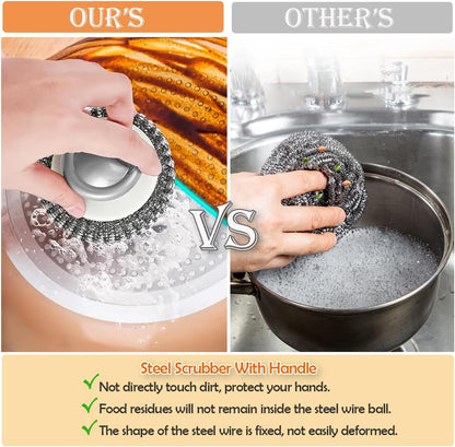2Pcs Stainless Steel Scrubber with Handle, Steel Wool Scrubber Tool for Cleaning Dishes, Scrubbing Scouring Brush Pad for Kitchen Pots, Pans, Sink