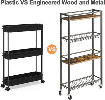 YMYNY Kitchen Storage Rolling Cart 4 Tier on Wheels Rustic Brown HBR002H | for Narrow Spaces, Laundry Room, Dining Room, Bathroom, 32.7" H Shelving Unit with Mesh Baskets
