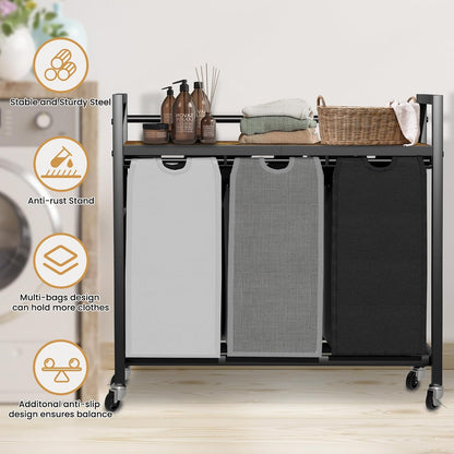 SwaaVee Laundry Sorter, Laundry Hamper 3 Section, 3×11.4Gal, Metal Frame Rolling Laundry Basket with Wooden Top Shelf, Pull out and Removable Laundry Bags, 3 Bags-Gray