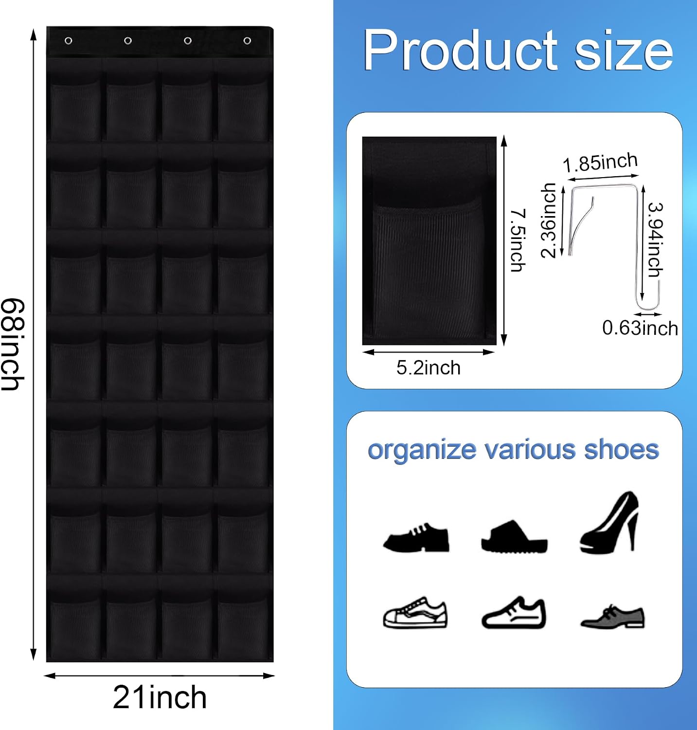 Over the Door Shoe Organizer,24 Mesh Pockets,Hanging Storage (White) | Large breathable mesh pockets for shoes, accessories,and small items,hanging storage holder for bedroom,closet,or entryway.