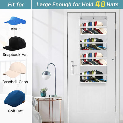 AOODA Clear Over the Door Hat Racks for Baseball Caps, Large Holds up to 72 Caps Hat Storage Organizer for Closet Wall, Deep Pockets Hanging Snapback Holder Shelves with 3 Hooks, White