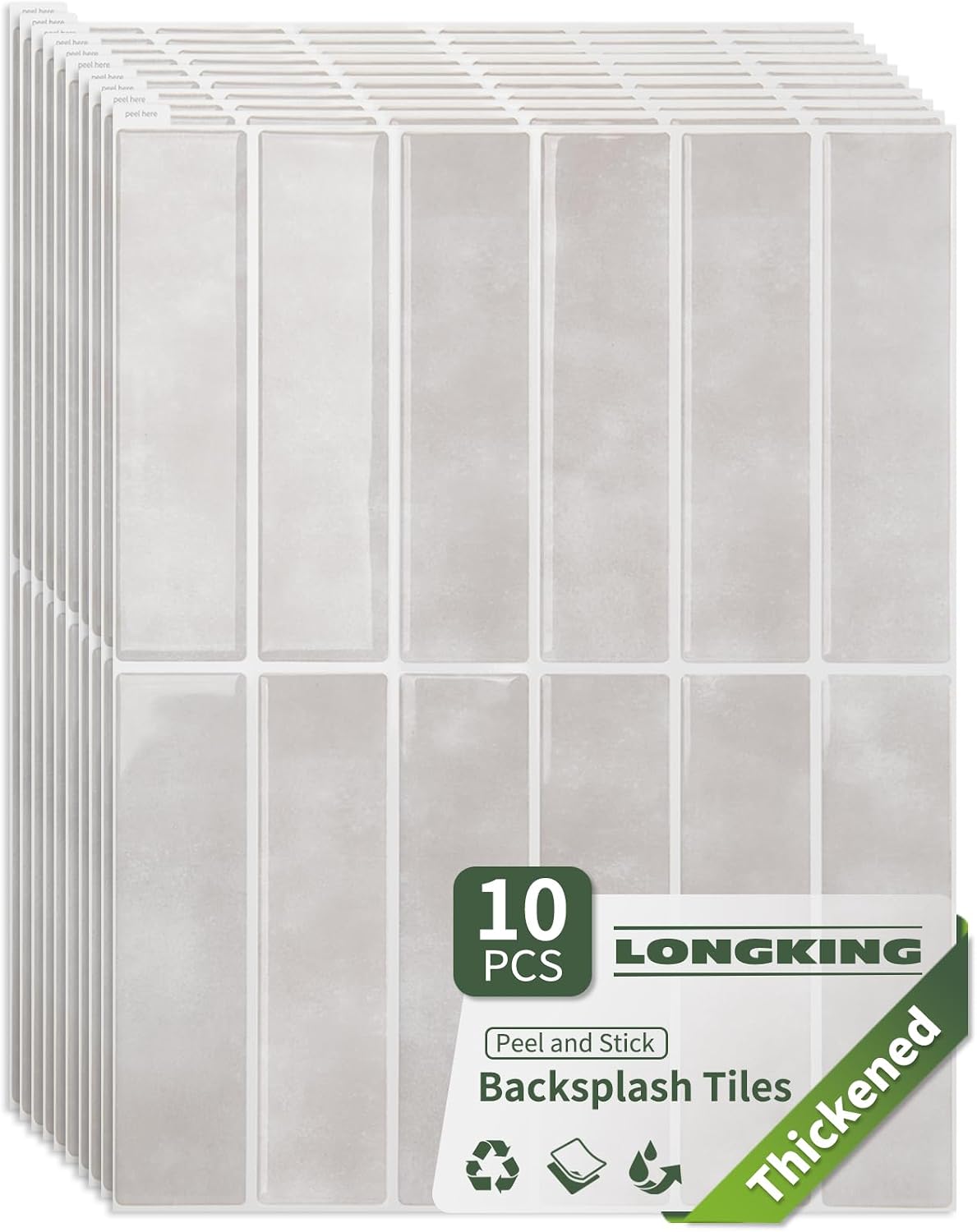 LONGKING 10-Sheet Thickened Peel and Stick Subway Tile Backsplash for Kitchen, Vertical Strip Design, Marble Tile, Waterproof Wall Sticker for Kitchen & Bathroom, Beige&White