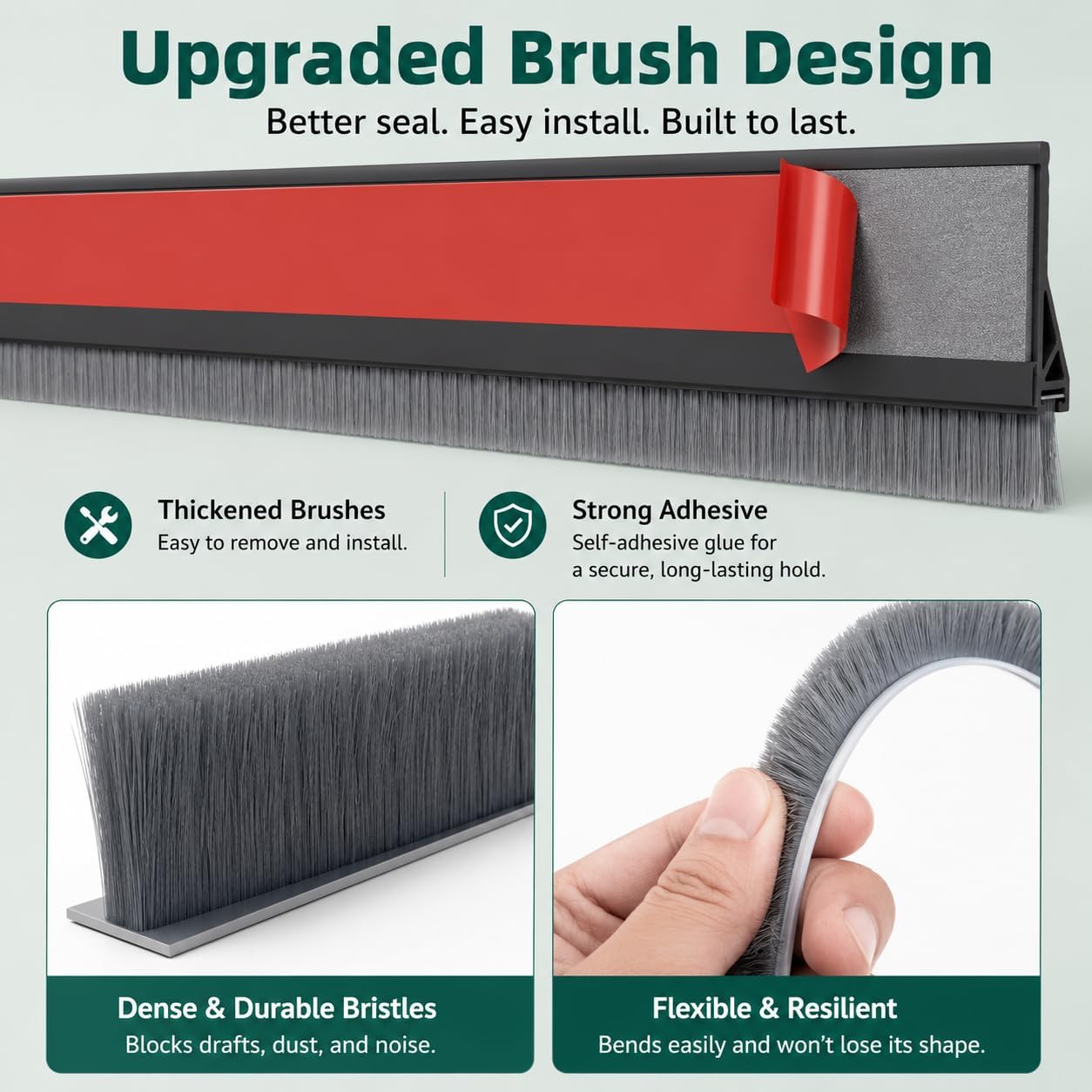 Door Draft Stopper with Brush, 39" Door Sweep for Bottom of Door, Self Adhesive Weather Stripping for Bottom of Door, Under Door Seal Dust/Noise/Hot or Cold Air Insulation, Black, 1 Pack
