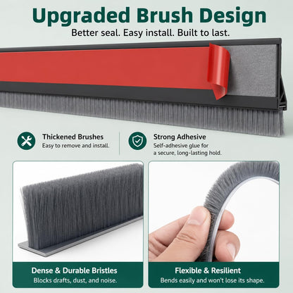 Door Draft Stopper with Brush, 39" Door Sweep for Bottom of Door, Self Adhesive Weather Stripping for Bottom of Door, Under Door Seal Dust/Noise/Hot or Cold Air Insulation, Black, 1 Pack