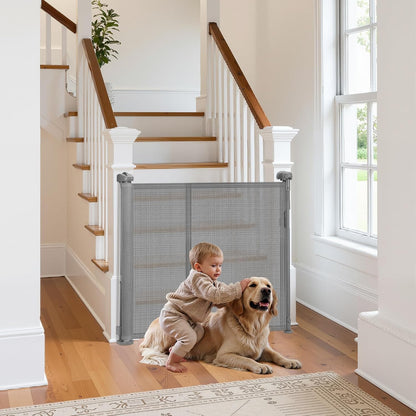 VEVOR Retractable Baby Gate, 34 inch Tall, Extends up to 71 inch Wide, Retractable Gate for Kids or Pets, Mesh Material, Easy to Install for Indoor Stairs, Doorways, Hallways, Playrooms, Gray