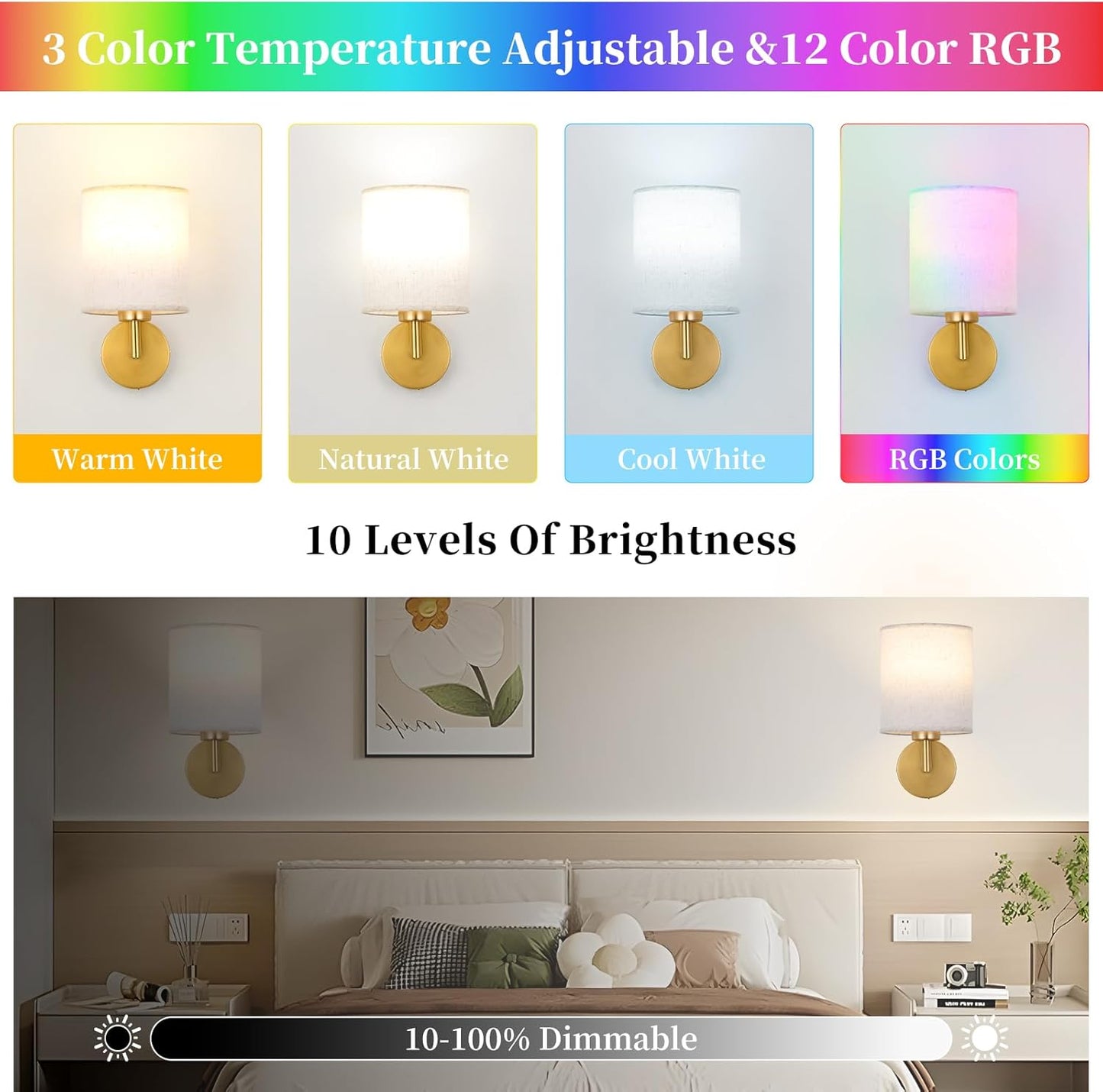 Wireless Wall Sconce Set of 2,Battery Operated Wall Lights with Remote Control,Rechargeable Wall Sconces with LED Bulb,15 Colours Dimmable Wall Lamp for Bedroom Living Room Hallway