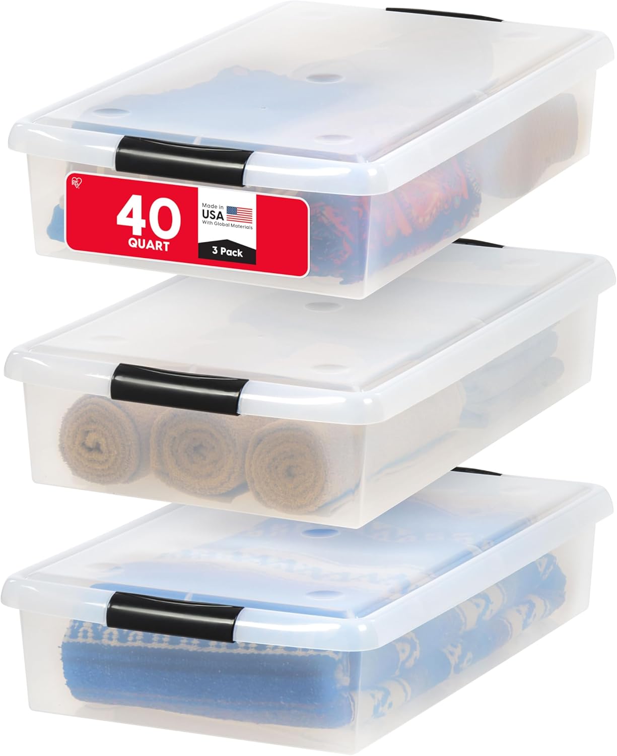 IRIS USA 33 Qt Plastic Under Bed Storage Organizer Bin Container with Secure Lids and Durable Black Buckles, Multi-Purpose for Clothes, Shoes, Clothing, and Bedding, Short, Clear, 3 Pack