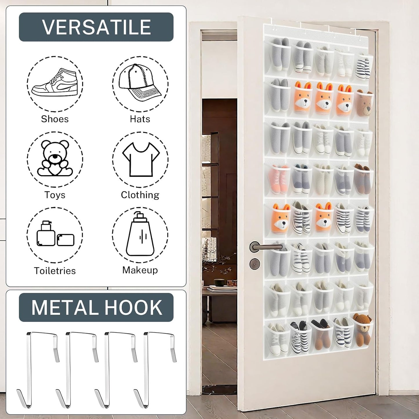 40 Large Mesh Pocket Over the Door Shoe Organizer,Hanging Shoe Rack for Door,Hualleko Shoes Organizer Hanger with Large Capacity, Shoes Storage Holder Sturdy Non-woven Fabric - Stores 20 Pairs (White)