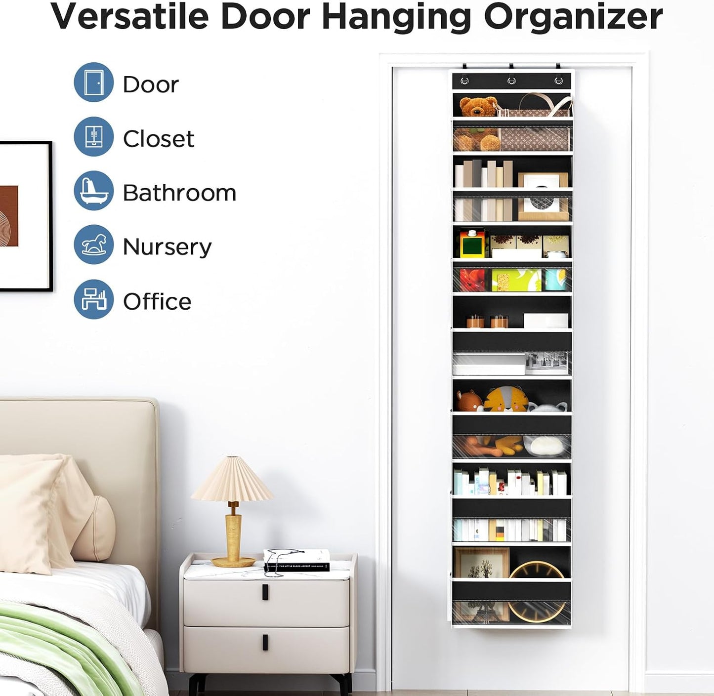 6 Tiers Over The Door Organizer, Heavy Duty Hanging Organizer Storage with Large Capacity Pockets, Behind Door Storage Hanging Shelves for Closet Wall Bathroom Bedroom Nursery Pantry, 1 Pack Grey