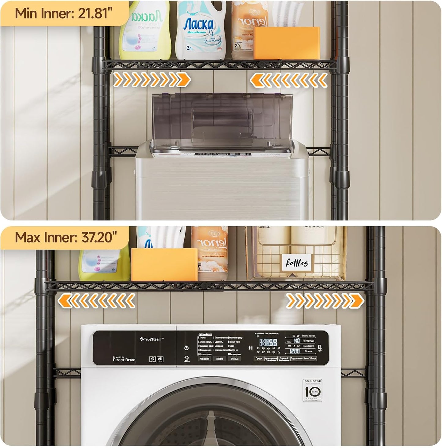 ONBRILL Expandable Over Washer and Dryer Shelves, 3 Tiers Laundry Room Organization and Storage with Hanger Rod, 4 Hooks, Adjustable Height Metal Freestanding Clothes Drying Rack, White