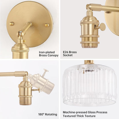 Shenmoyl Vintage Battery Operated Wall Sconce with Clear Striped Glass Lampshade 5000 mAh Rechargeable Battery Powered Wall Light with Remote Control for Bedside Bedroom Doorway, Set of 2