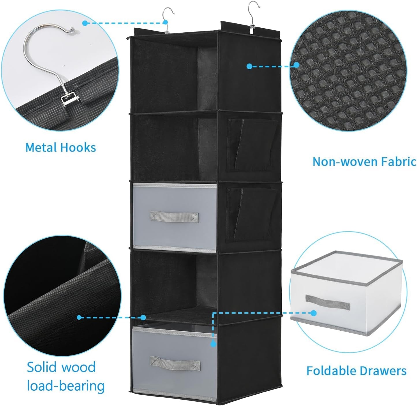 6-Shelf Hanging Closet Organizer with 3 Drawers & Side Pockets, Gray | Non-woven fabric, tool-free setup, ideal for bedrooms/dorms/RVs, 3 foldable transparent drawers for easy access