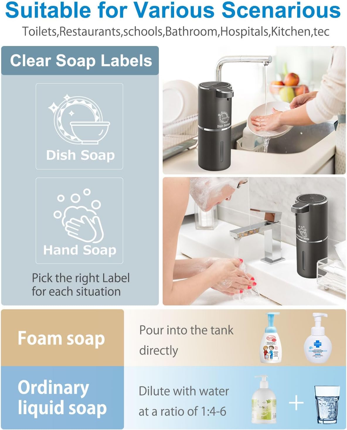 Automatic Foaming Soap Dispenser,4-Level Adjustable Foam, Wall Mount,USB Rechargeable,12.8oz/ 380ml,Touchless Hand & Dish Soap Dispenser for Bathroom, Kitchen,Hotel, Restaurant