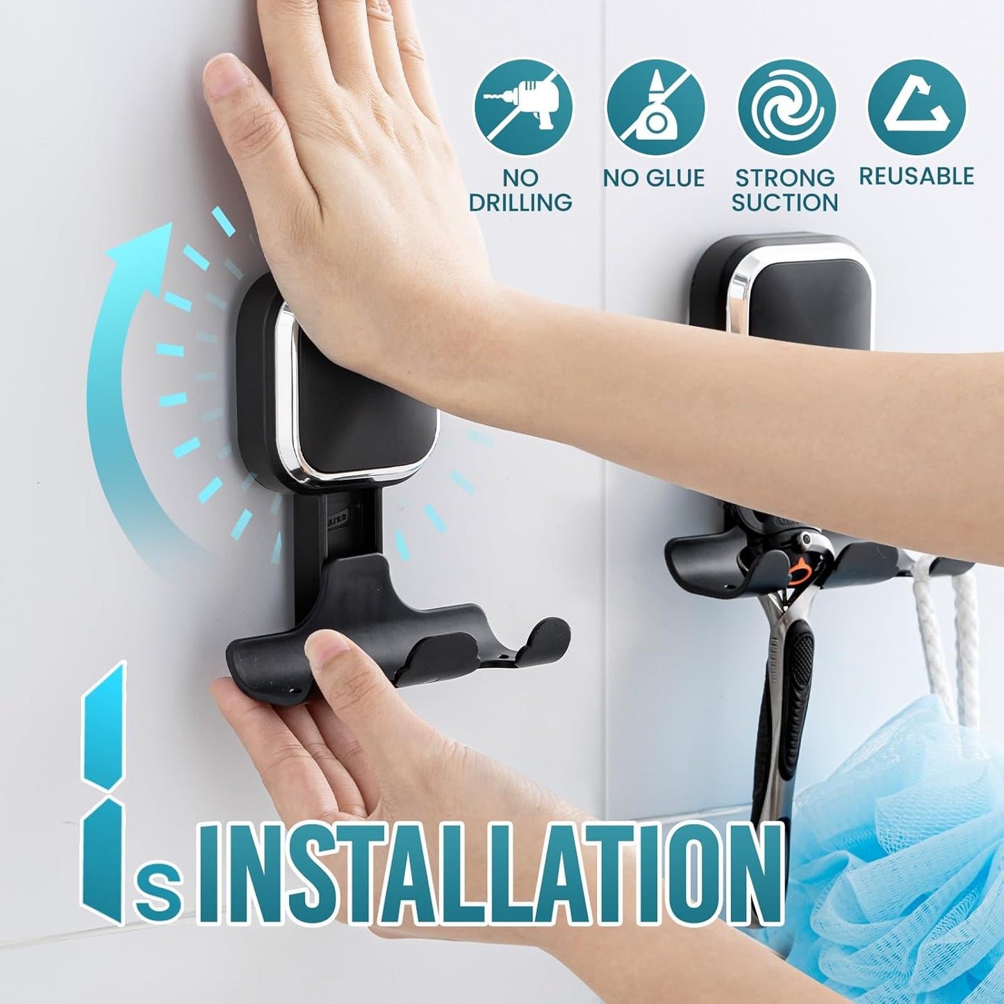 TAILI Suction Cup Razor Holder for Shower Wall 2 Pack, Versatile Suction Cup Hooks for Razor, Towel, Loofah, Squeegee, Cell Phone, Removable Damage-Free Hanging Shower Hook, Shaver Holder, Black