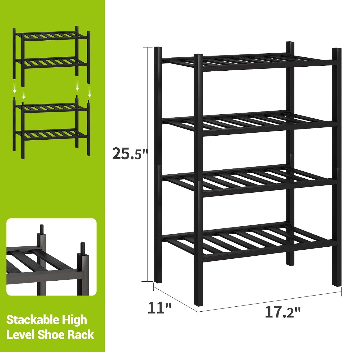 BMOSU 2-Tier Bamboo Small Shoe Rack Premium Stackable Shoe Shelf Storage Organizer for Hallway Closet Living Room Entryway Organizer (Black Bamboo)