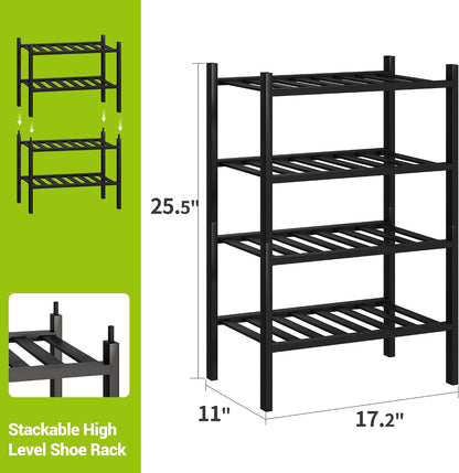BMOSU 2-Tier Bamboo Small Shoe Rack Premium Stackable Shoe Shelf Storage Organizer for Hallway Closet Living Room Entryway Organizer (Black Bamboo)