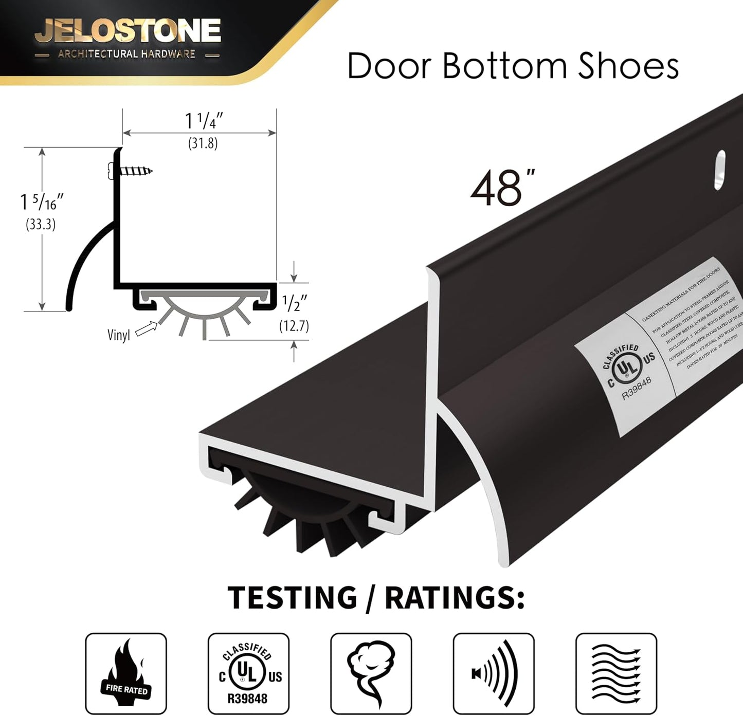48'' L-Shaped Door Bottom Shoes with Rain Drip(Dark Bronze Anodized) - Fire Rated - Heavy Duty Aluminum with Flex-V Vinyl Seal Insert, Weatherproof & Soundproof for Exterior Doors, JS-210DV
