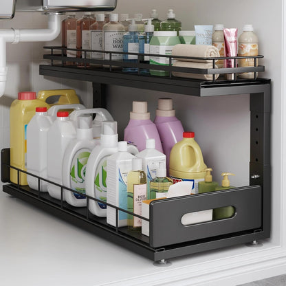 Under Sink Organizer Upgrade To Professional Rails,2-Tier Dual Pull Out Cabinet Storage,Height Adjustable Slide Out Drawers For Bathroom Kitchen,2 Pack-14.5" Dx12.8-16.9" H,White
