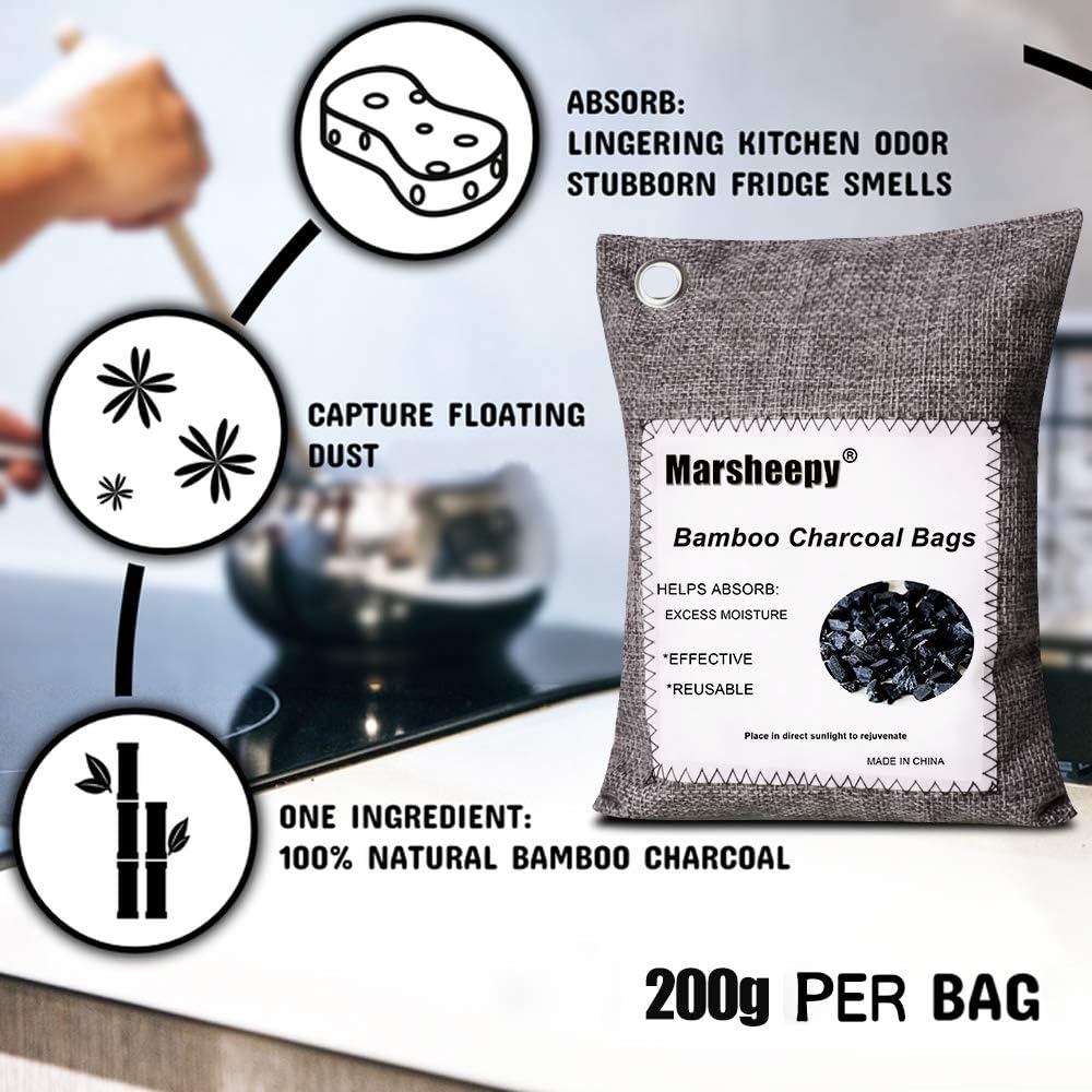 Marsheepy 12 Pack Bamboo Charcoal Shoe Deodorizer Bags, Activated Charcoal Odor Absorber, Bamboo Charcoal Air Purifying Bags, Odor Eliminator for Shoes, Pets, Car, Closet (150g X 2 and 50g x 10)