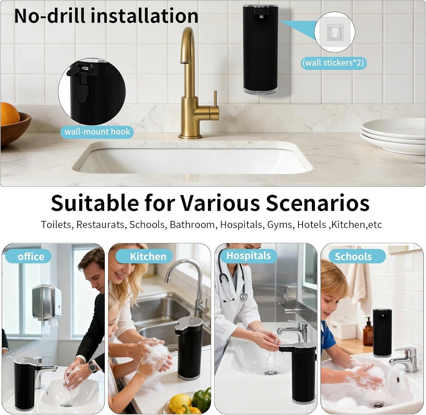 Automatic Foaming Soap Dispenser,Touchless Foam Soap Dispenser,12oz Rechargeabled Wall Mounted Smart for Bathroom and Kitchen Dish Soap,Easy for Toddlers（Brushed Silver）