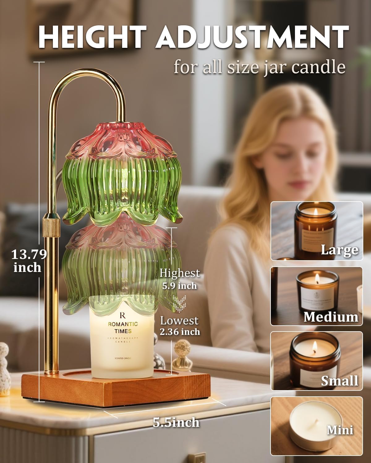 Funistree Flower Candle Warmer Lamp with Timer & Dimmer, Adjustable Height Candle Warmer, Christmas Birthday Gifts for Women Mom, House Warming New Home Decor, Wax Warmer with 2 Bulbs for Jar Candles