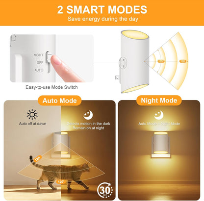 LED Night Light Plug into Wall with Motion Sensor & Dusk to Dawn Sensor, Soft White 3000K, 1-100LM Adjustable Brightness, Nightlights for Bathroom, Hallways, Bedroom, Stairway, 2 Pack