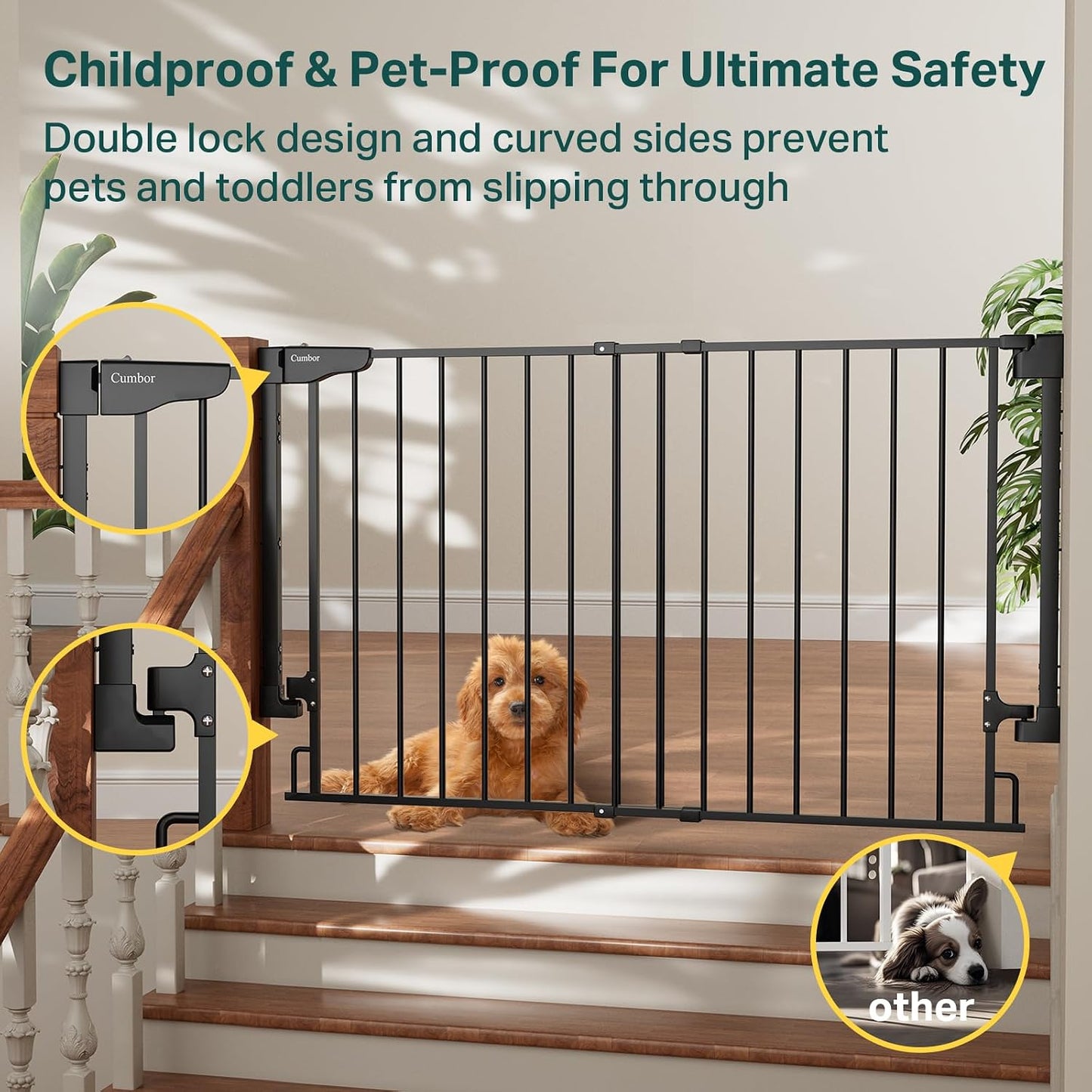 Cumbor 29.2–43" Baby Gate for Stairs, Hardware Mounted (Drill Required), Expandable No Bottom Bar Dog Gate, Auto Close Extra Wide Walk Thru, Pet & Toddler Proof Gate, Top & Bottom of Stairways (White)
