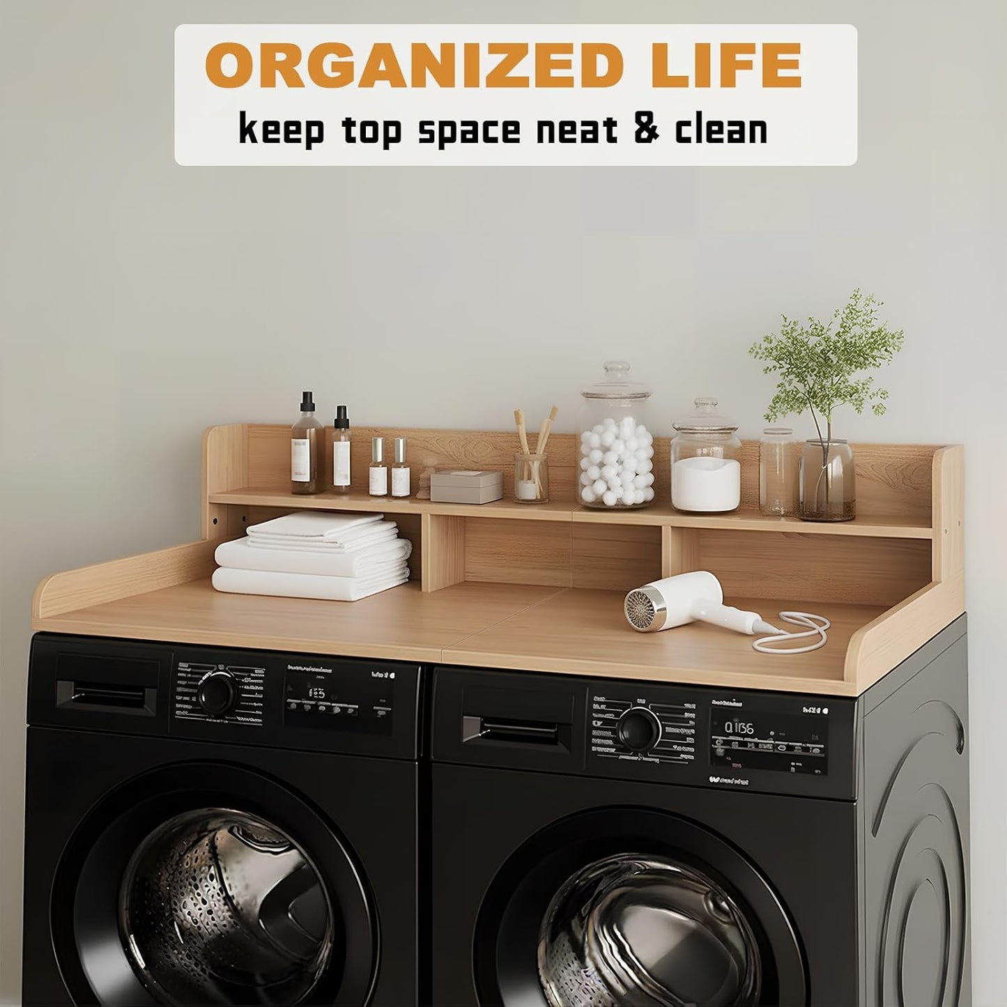 Washer Dryer Countertop with Shelf, 2-Tier Laundry Countertop Over Washer and Dryer, 54" x 27.55" Wooden Table for Folding Clothes for Laundry Room Organization and Storage (Black)